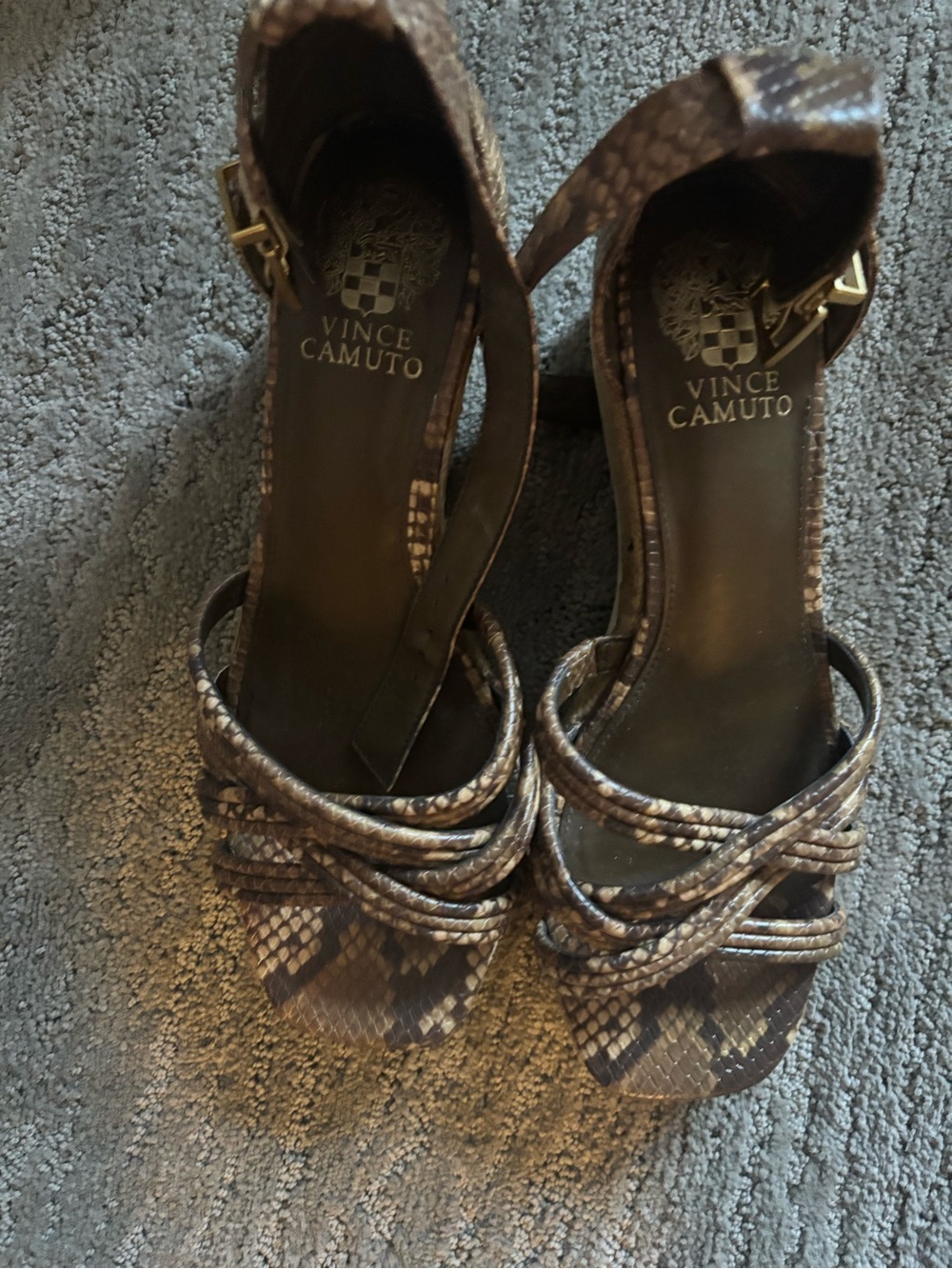 Vince Camuto Brown Snake-Print Strappy Heels